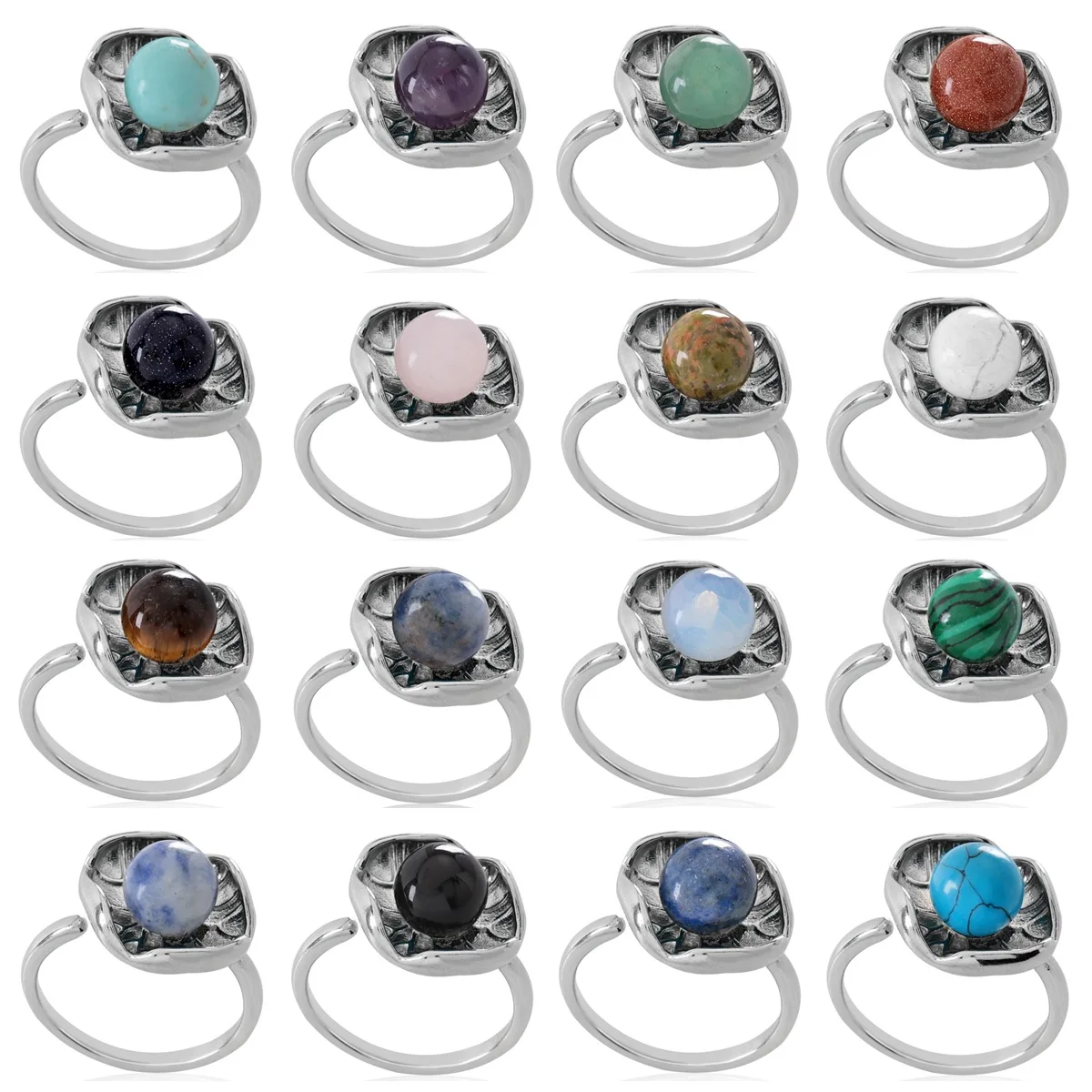 Gemstone Spheres Lotus Leaf Rings for Women Girls Adjustable Healing Chakra 8MM Crystal Dewdrop Spiritual Knot Statement