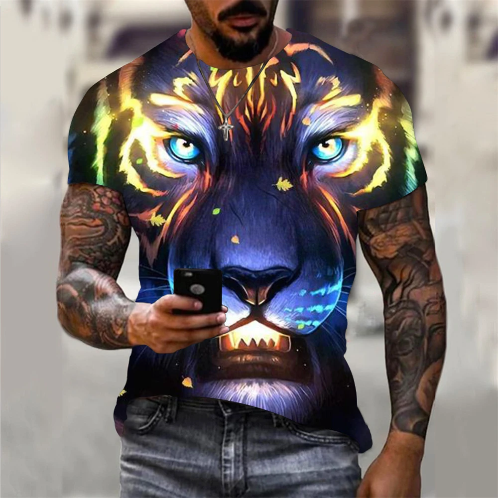 Vintage Tiger Print T-shirt Men\'s 3D Animal Print Short Sleeve Tops Plus Size T-shirt Men\'s Casual Street Lion Pattern T-shirts