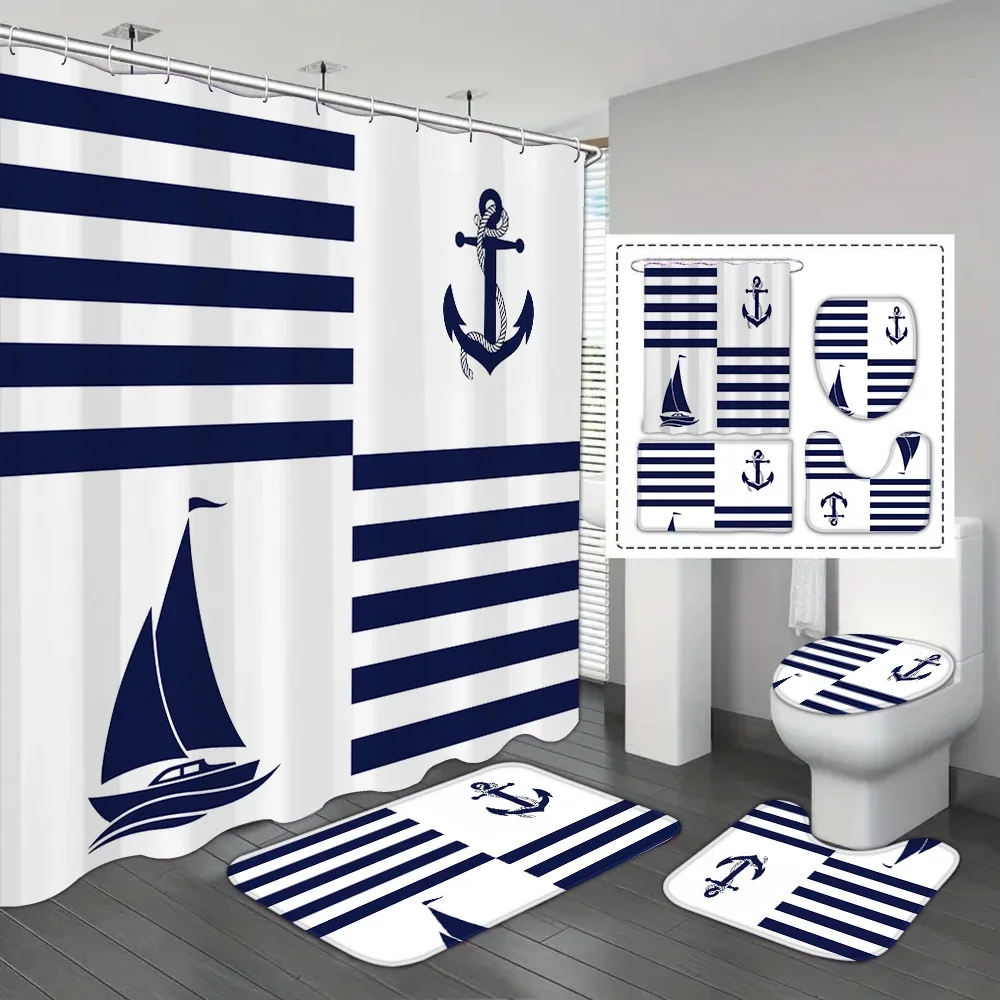 

Набор из 4 предметов, парусник, руль с океанским принтом, 12 крючков, водонепроницаемая занавеска для душа, коврик для ванной комнаты, U-образный коврик