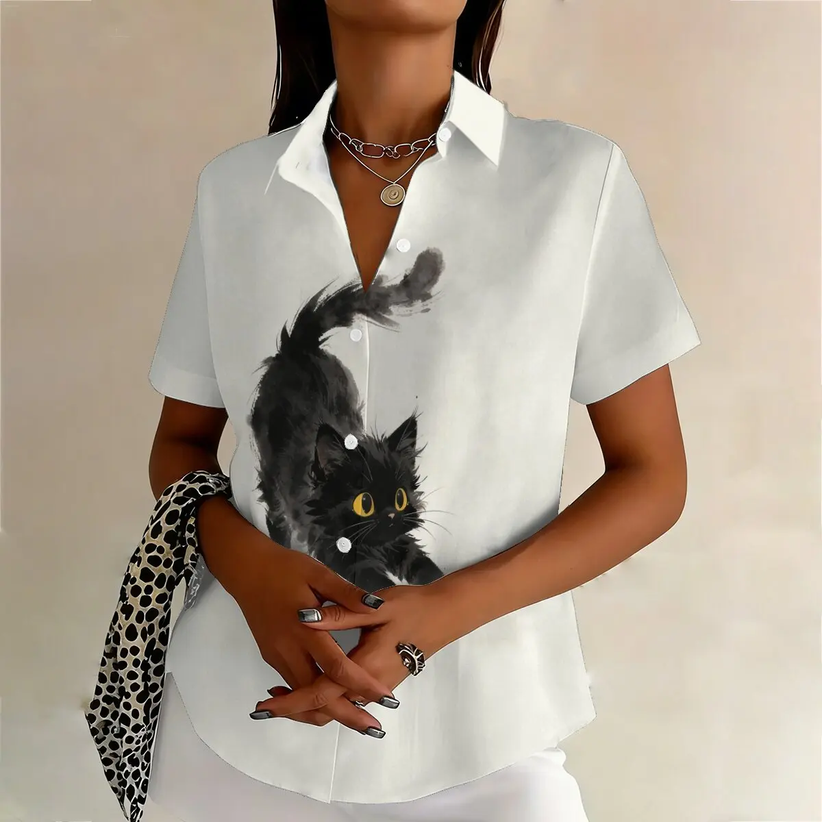 Summer Fashion Plus-Size Women's Short-Sleeve Lapel Shirt, White Base with Black Cat Pattern, Stylish & Cute, Perfect for Casual view 2