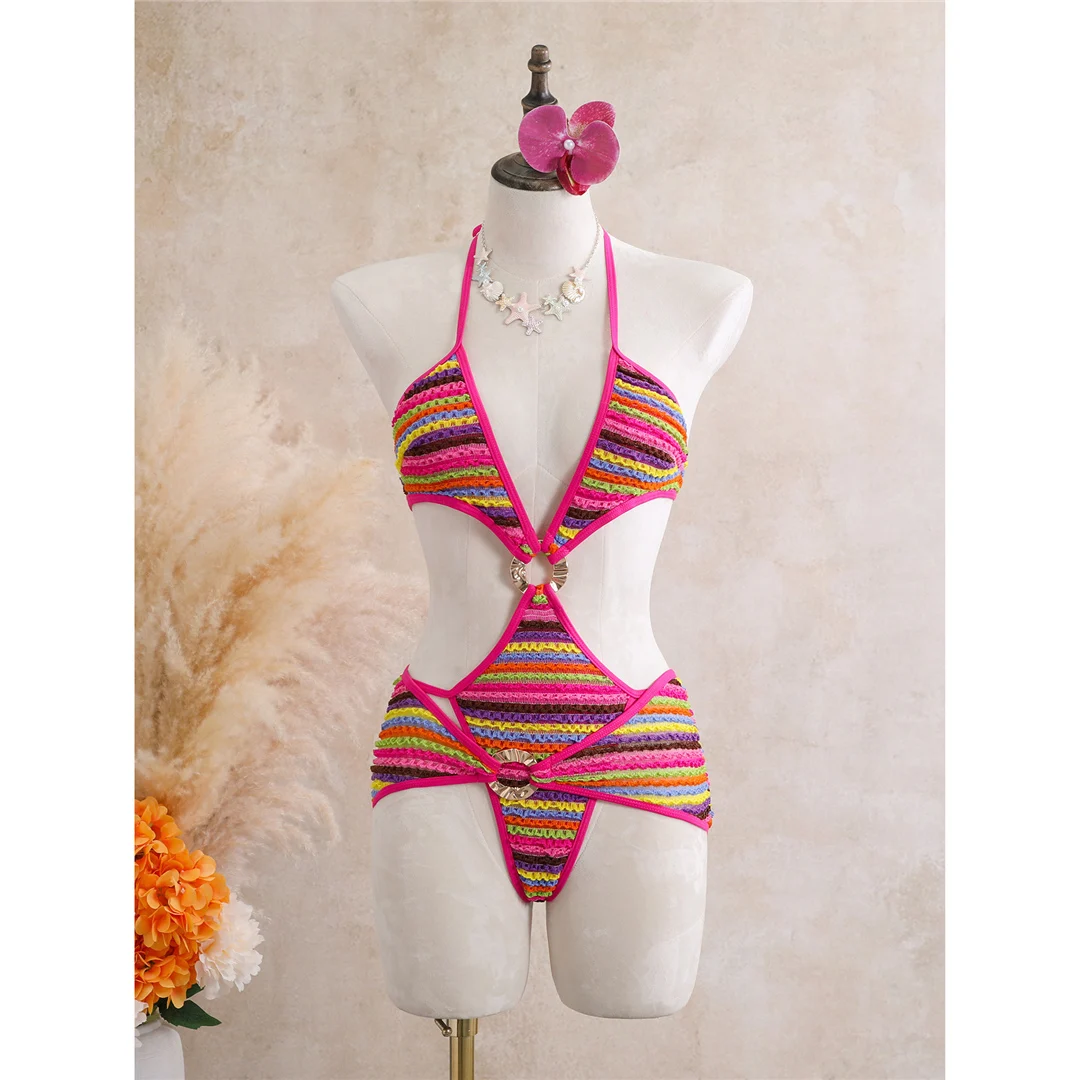 Mit Rock, gestreiftem Halterneck, V-Ausschnitt, Damen-Badeanzug, einteiliger Badeanzug, Damen-Monokini, hoher Beinausschnitt, Badebekleidung, Badeanzug, V8345. – Detail 12