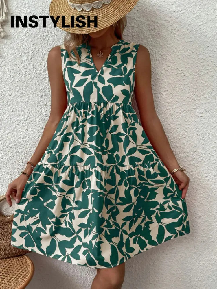 Elegant V Neck Print Ruffles A Line Dress Women Summer Sleeveless Bohemian Sundress Casual Loose Knee Length Beach Party Dress