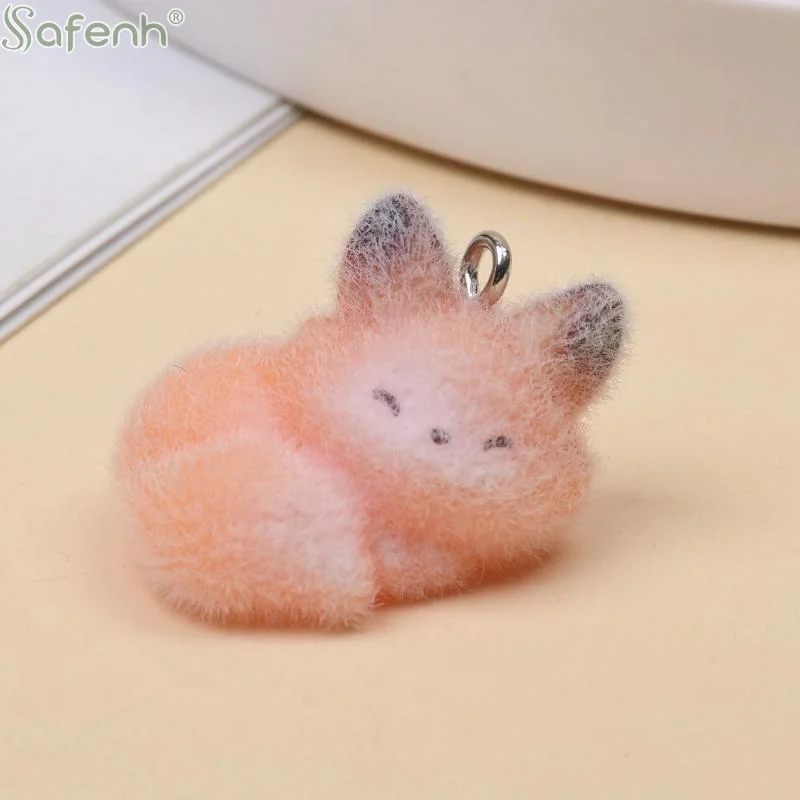 4pcs Resin Material Cute Cartoon Animal Fox Flocking Resin Charms Pendant For Jewelry Making DIY Keychain Necklace Accessories