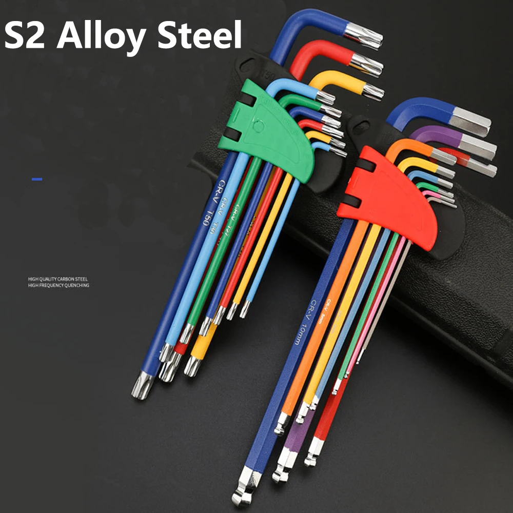 9Pcs Hex Key Allen Wrench Hand Tool 1.5/2/2.5/3/4/5/6/8/10mm Quick Snap Adapter Tool S2 Alloy Steel Ball Head/Plum Blossom Head