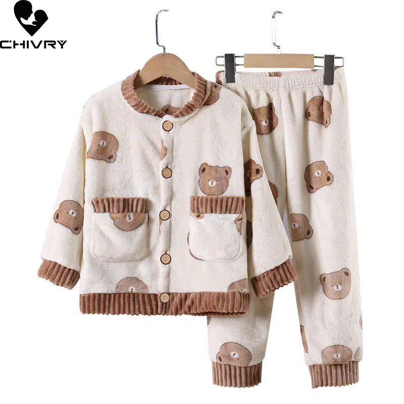 New 2023 Autumn Winter Kids Thicken Warm Flannel Pajamas Baby Boys Girls Cartoon Bear Long Sleeve Clothes Sets Sleepwear Pyjamas