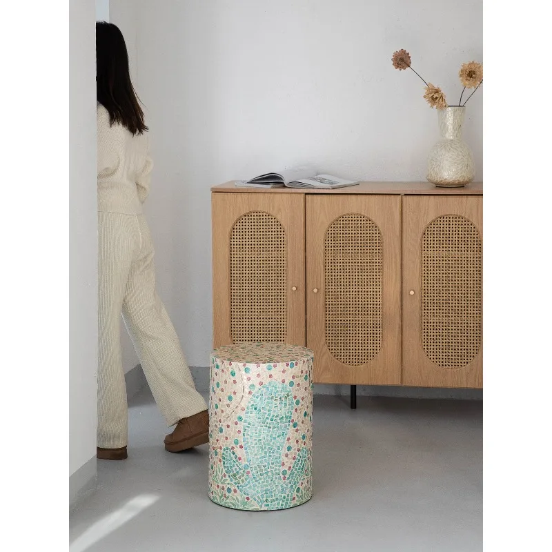 Natural Shell Round Side Table with Mosaic Inlay, Versatile End Table for Sofa Corner, Bedside Nightstand & Coffee Table