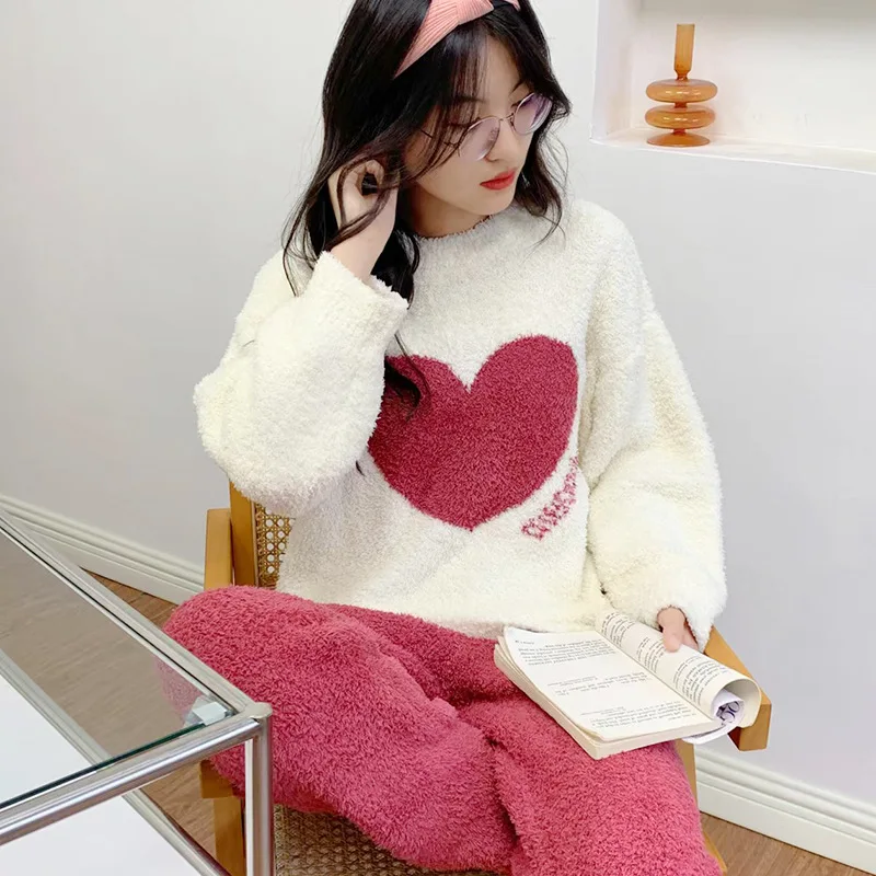 

Pajama Sets For Womens Cute Thicken Girlish Beautiful Simple Warm Multicolor Autumn Winter Softy Leisure Casual Heart Printed