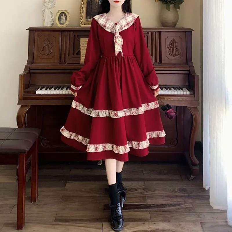 Patchwork Doll Collar Long Sleeve Mid Length Skirt Elegant Fashion Harajuku Slim Fit Female Clothes Loose Casual Sweat Dresses