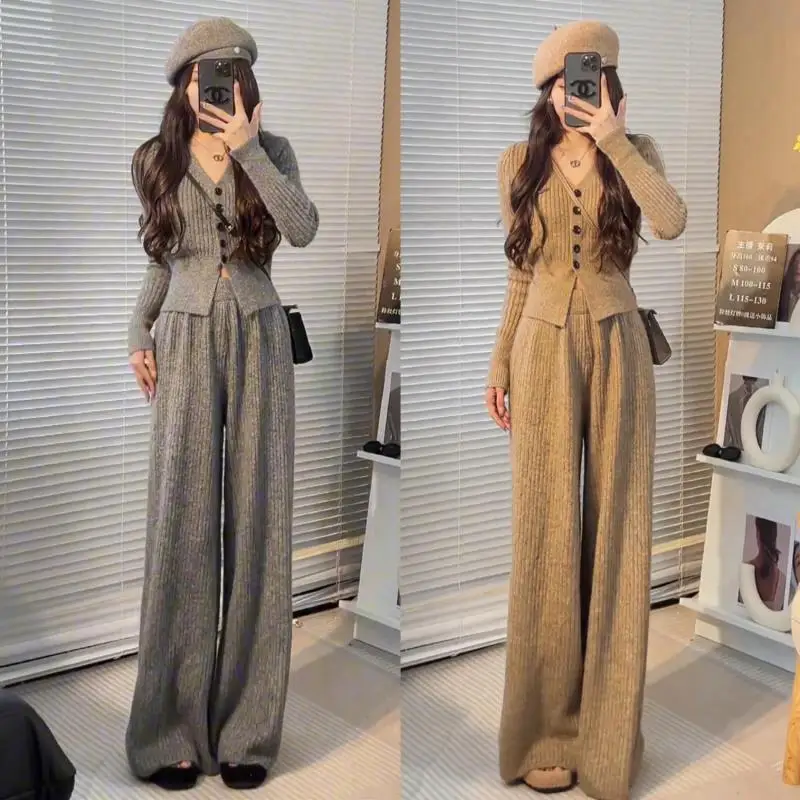

Women Sweater Matching Sets V-neck Loose Knitted Sweaters Tops And Pant Autumn Winter Knit Two-piece Solid Casual Female Set