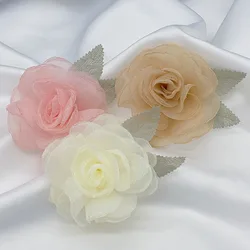 5PCS/Lot Handmade Organza Fabric Artificial Rose Flower For Wedding Dress Hats Decor Corsage Headwear Accessories