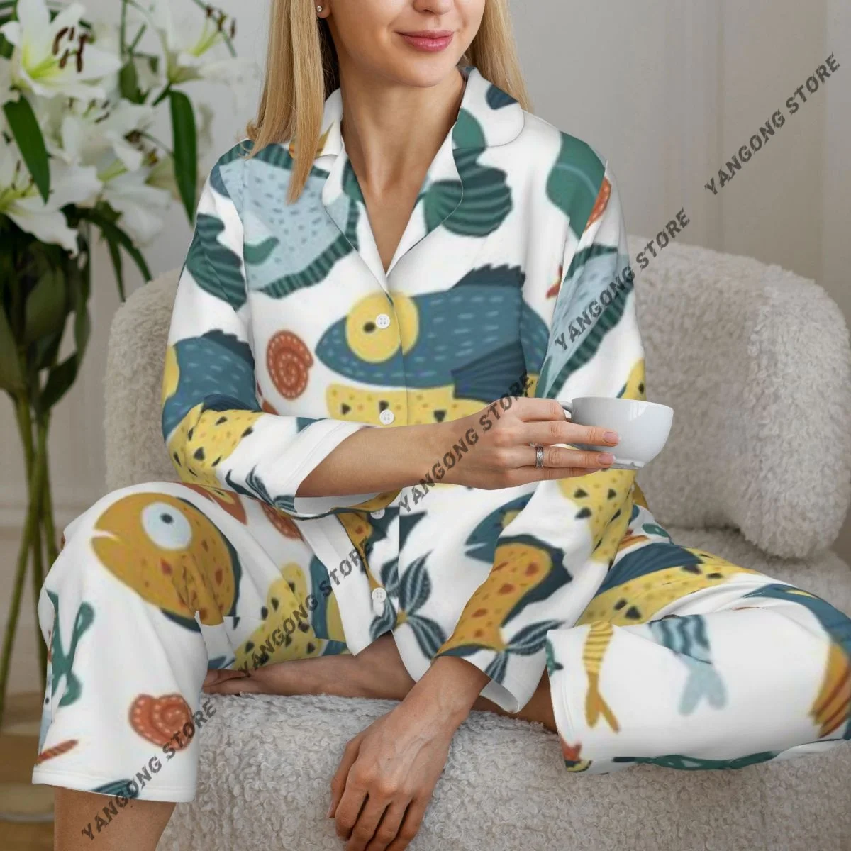 

Spring and Autumn Long Sleeve Pants Pajamas Set Fishes Scandinavian Style Underwater Women's Pull Edge Loose Sleeping Suit