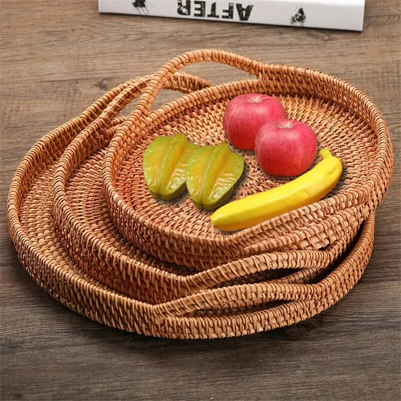 

F2 Rattan Handmade Real Rattan Fruit Basket Snack Bread Basket Tray Living Room Snacks Sundries Round Storage Basket Fruit Tray