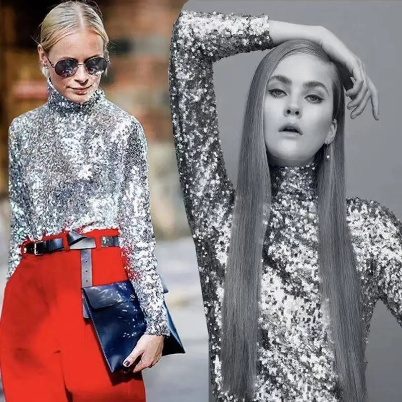 

iny Sequin Long Sve High Collar Women's Base irt Versatile Ele Sle Commute Faion Fitted Ladies Top