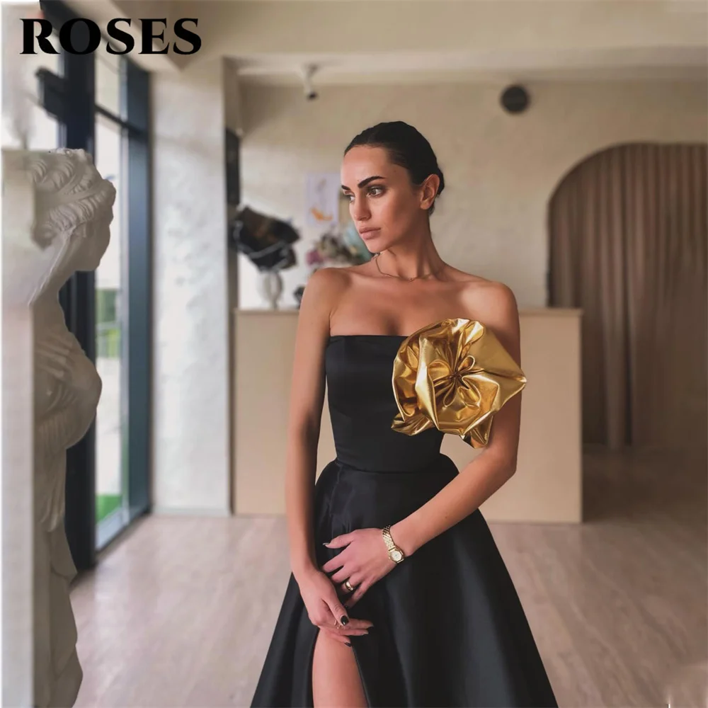 ROSES Black Stain 3D Flower Evening Gown Elegant A Line Prom Dress Strapless Wedding Evening Dress with Split robes de soirée