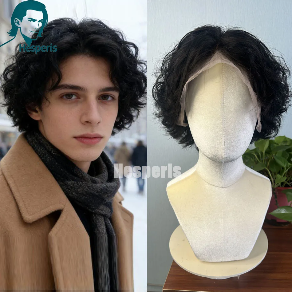 

Hesperis Male Curly Wig Pre-Styled Short Cut Lace Front Remy Human Hair Male Hairpiece Natural Color Hair Replacement System