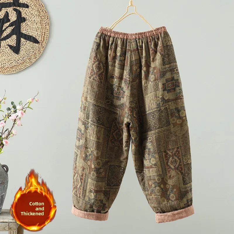 جديد خمر Waed القطن الكتان بنطال ذو قصة أرجل واسعة مرونة الخصر الدافئة السراويل الطويلة سراويل قطنية مرونة الخصر المطبوعة بنطلون