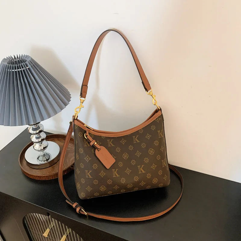 Retro Printed Hobo Bag for Women, Classic Monogram Shoulder Crossbody Bag, Casual Large Capacity Ladies Purse with Decorative Ta