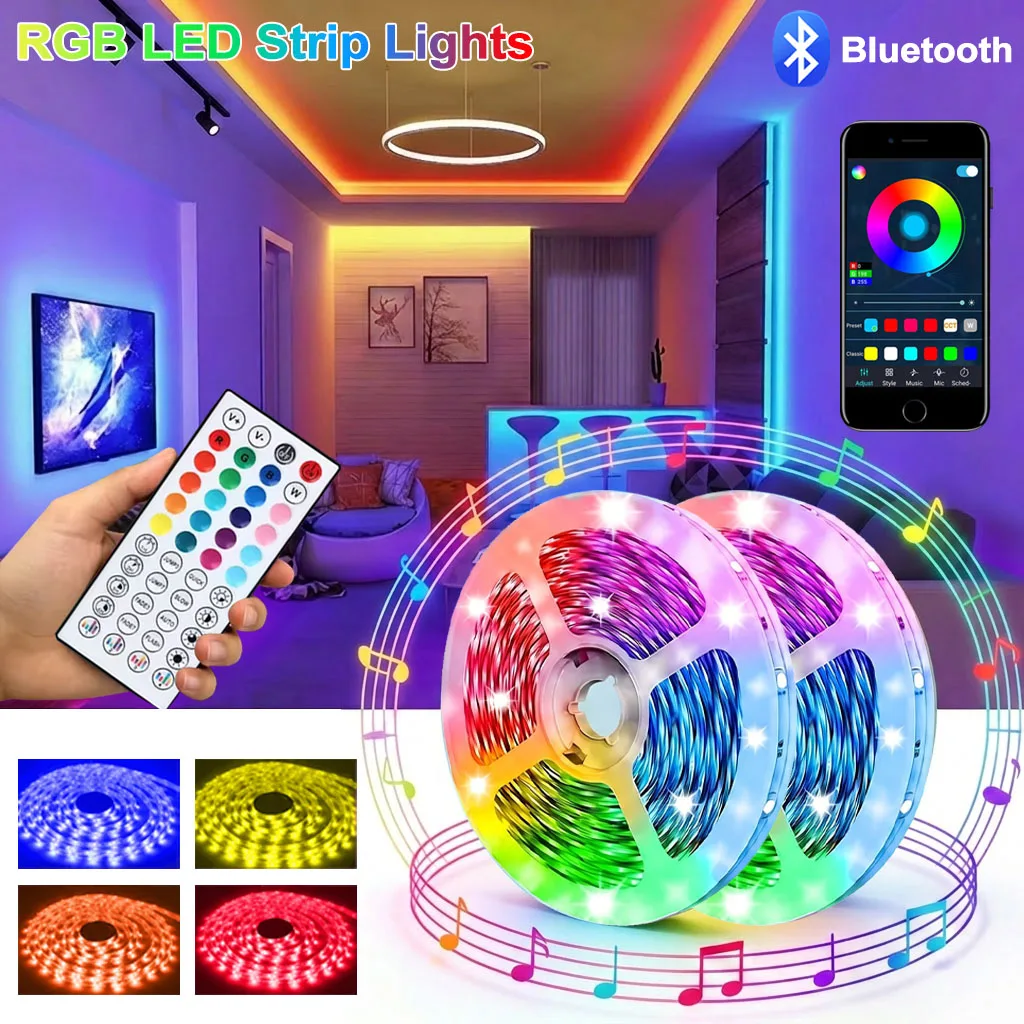 LED-Leuchten fürs Schlafzimmer, musiksynchrone, farbwechselnde RGB-LED-Streifen mit Fernbedienung und App-Steuerung, Bluetooth-LED-Streifen für Zimmer, Zuhause, Küche, TV-Hintergrundbeleuchtung, Party-Dekoration