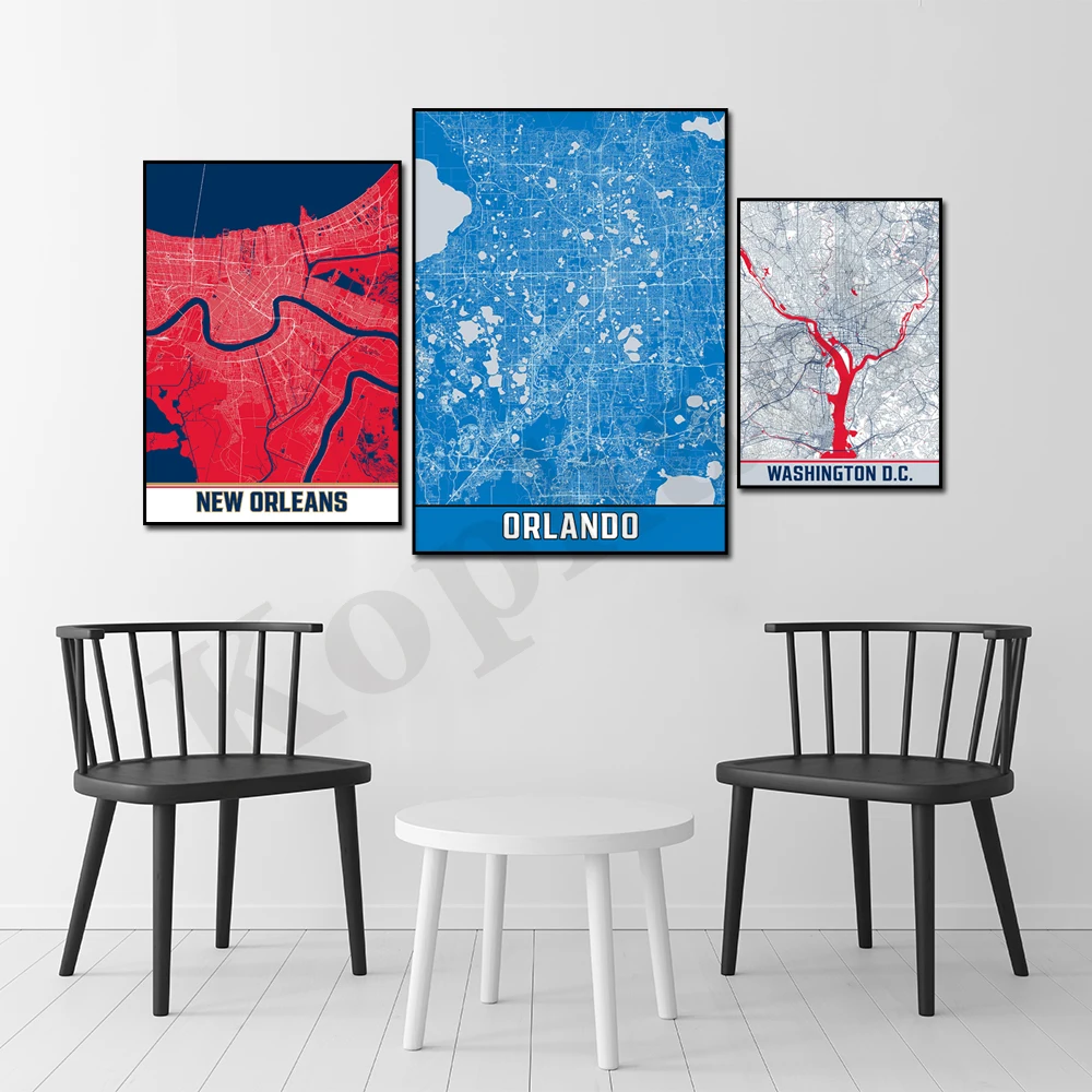 Houston Denver Washington Toronto Sacramento Phoenix Orlando Oklahoma New Orleans City Color Map Home Wall Decor Poster