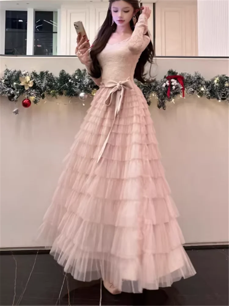 Elegante renda retalhos malha babados em camadas rosa longo bolo vestido novo 2026 celebridade fita arco fora do ombro vestido de festa