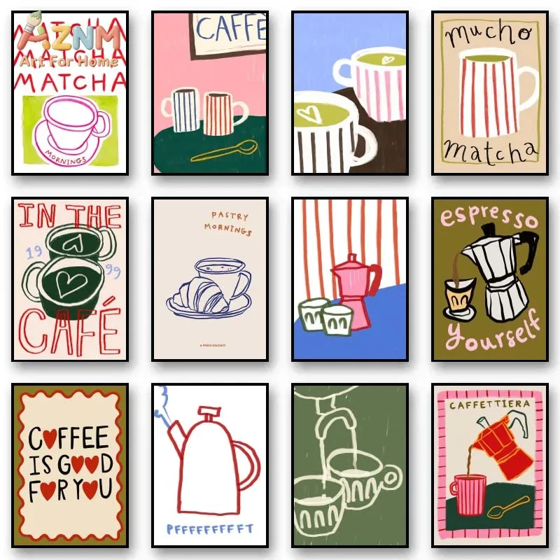 AZNM Cute Hand Drawn Coffee Canvas Print Matcha Espresso Moka Pot Croissant Colorful Striped Cup Fun Text Kitchen Wall Poster Un