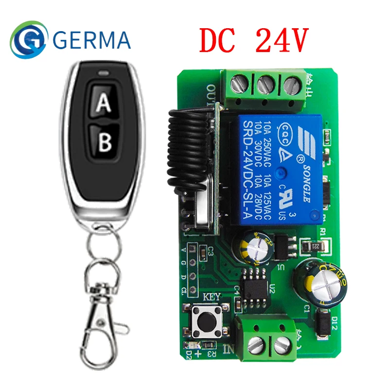 

GERMA 433Mhz Wireless Remote Control Switch DC 24V 1CH RF Relay Receiver Module + 2botton Transmitter for Garbage Gate Door