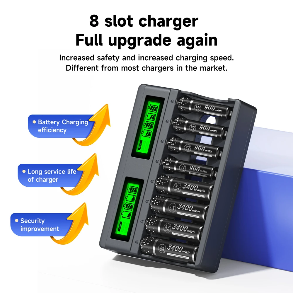 New 1.5V AA AAA Lithium Battery Charger 4/8 Slots LCD Fast Charger with Charging Cable for Rechargeable Li-ion AA AAA Batteries