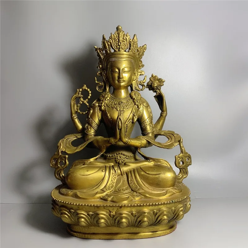 Tibetan Tantric - Buddha Brass Four-Armed Guanyin Bronze Sitting Statue Home Office Craft