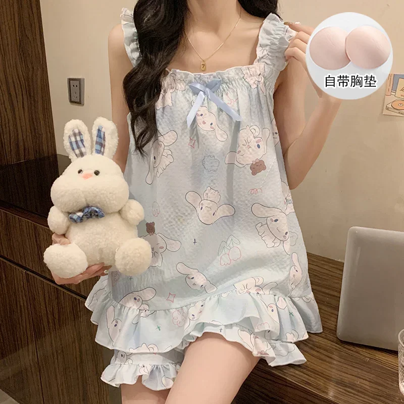 Sanrio nuevo Cinnamoroll Babycinnamoroll Sling pijamas de seda de hielo ocio transpirable con almohadilla para el pecho por favor fresco pijamas