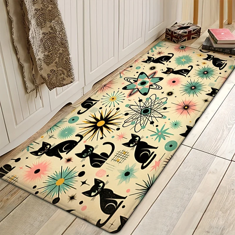 Fun Cartoon Cat Boho Atomic Kitchen Rug Non-Slip Washable Diatom Mud Carpet for Kitchen Hallway Entryway Living Room Decor
