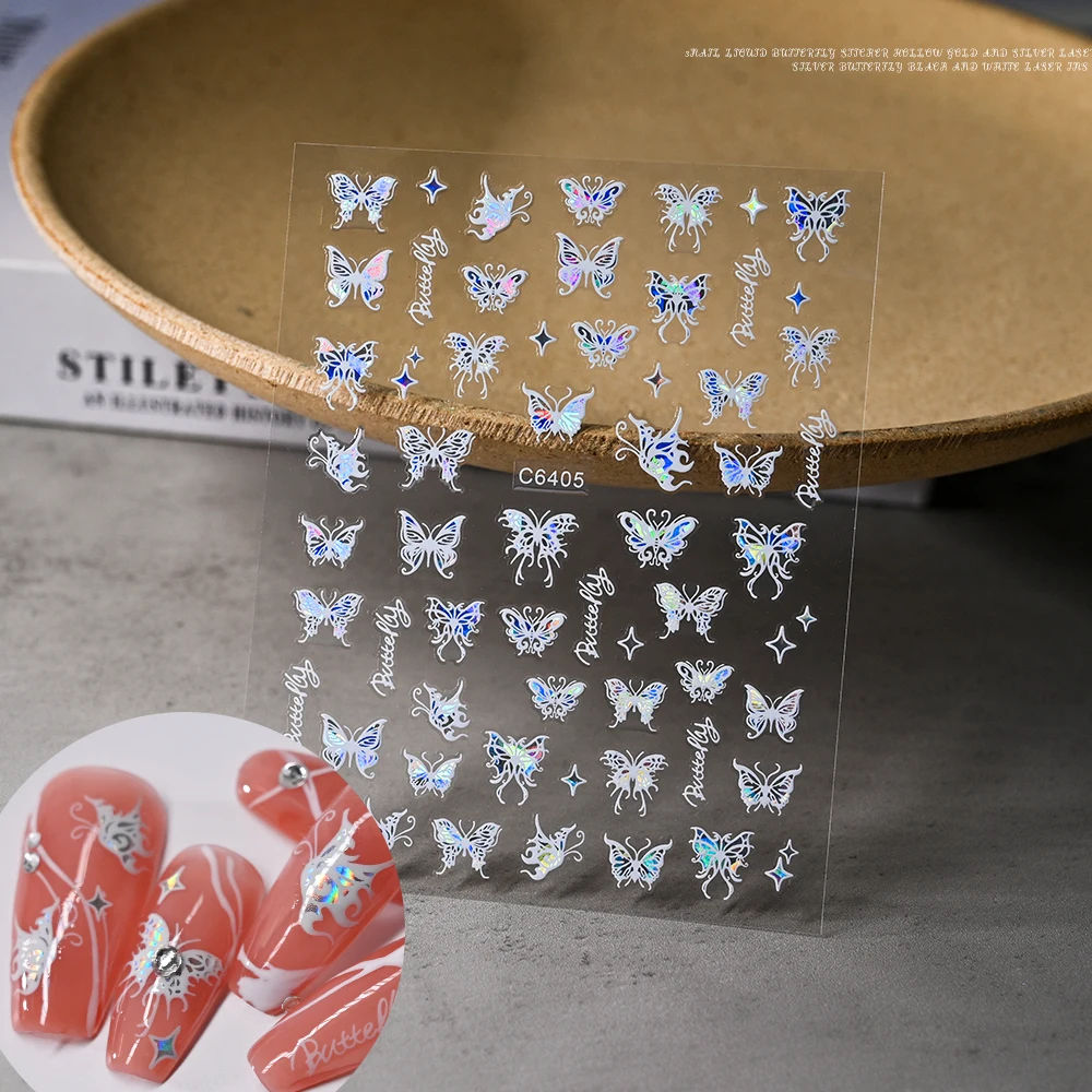 1pc Laser Butterfly Nails Stickers 3D Holographic Shiny Sliver Gold Design Fairy Fluidic Butterflies Stars Manicure Decals #NK