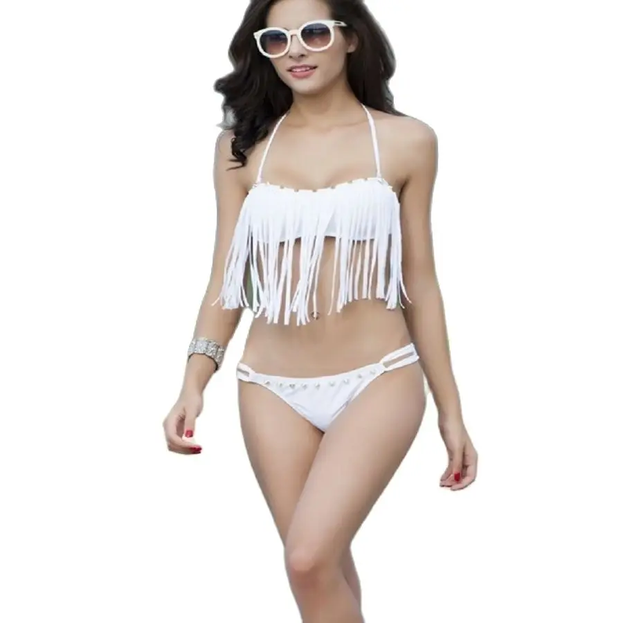 

NEW White Tassels lace Up Charming Bra Padded Bikini SET Push-Up Swimsuit Bandeau Top Swimwear Plus Size S M L XL 2XL Y024