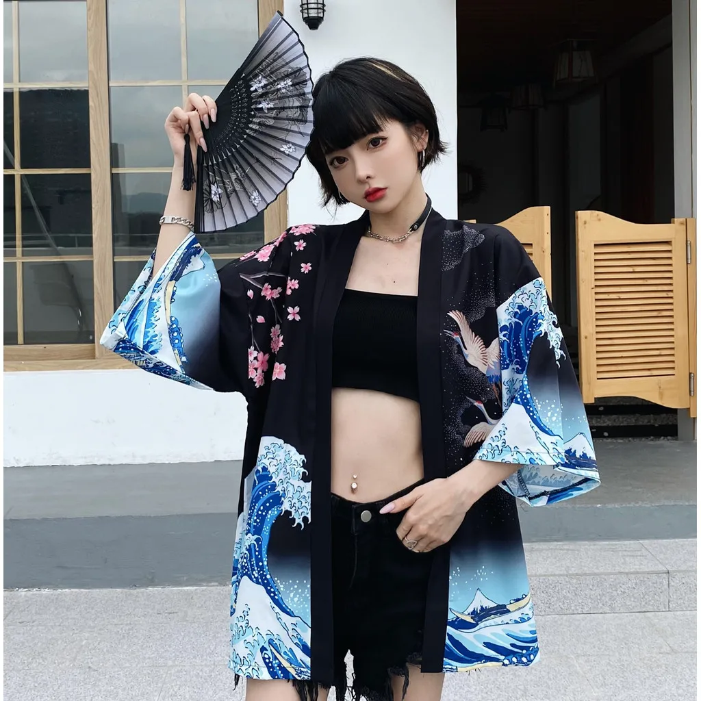 أزياء الصيف النساء الشاطئ نمط كيمونو كرين موجة طباعة هاوري قمم كيمونو اليابانية التقليدية #3