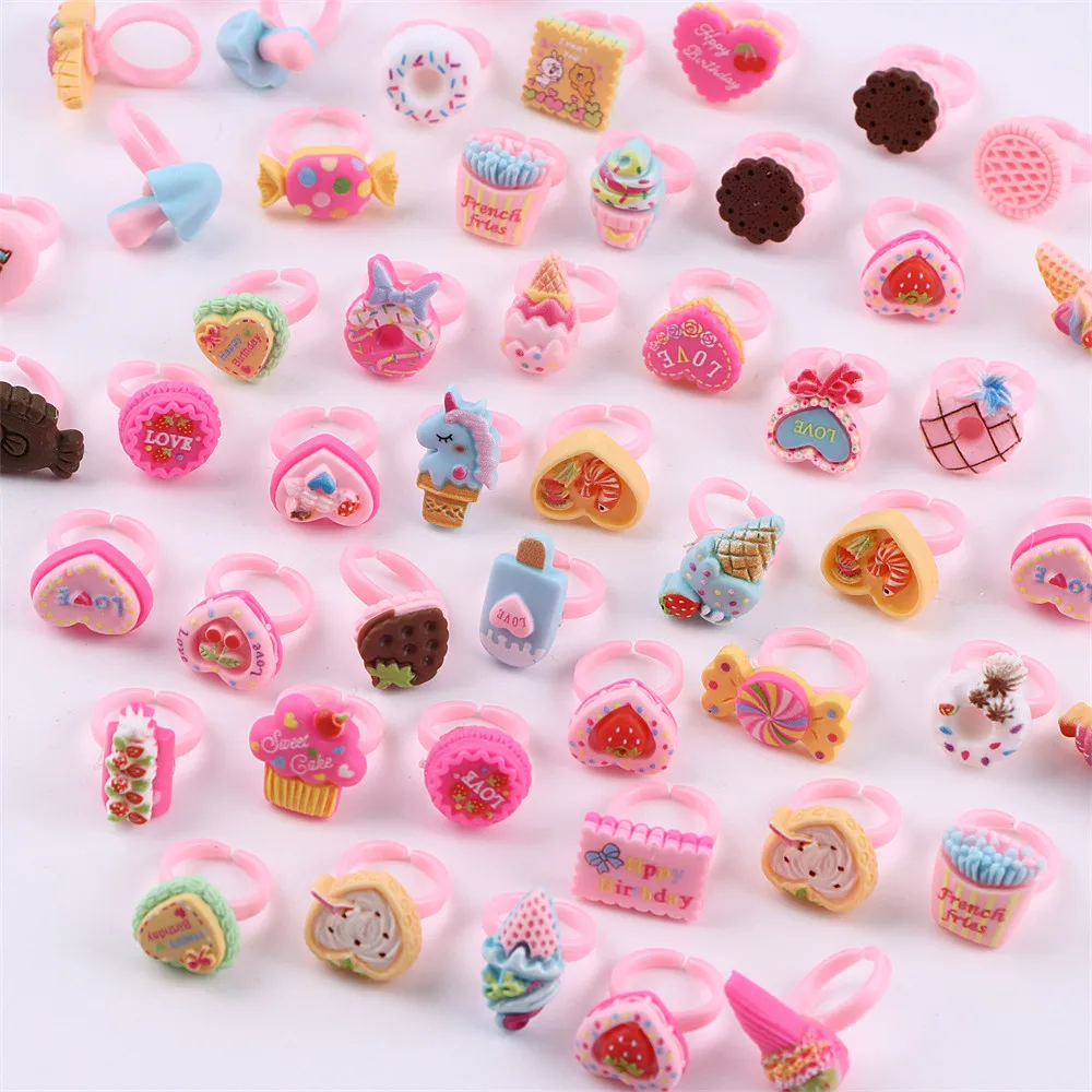 50/100 Pcs/Lot Children\'s Cartoon Resin Open Toy Jewelry Rings For Kid Girls Baby Mix Heart Flower Cake Cute Party Birthday Gift