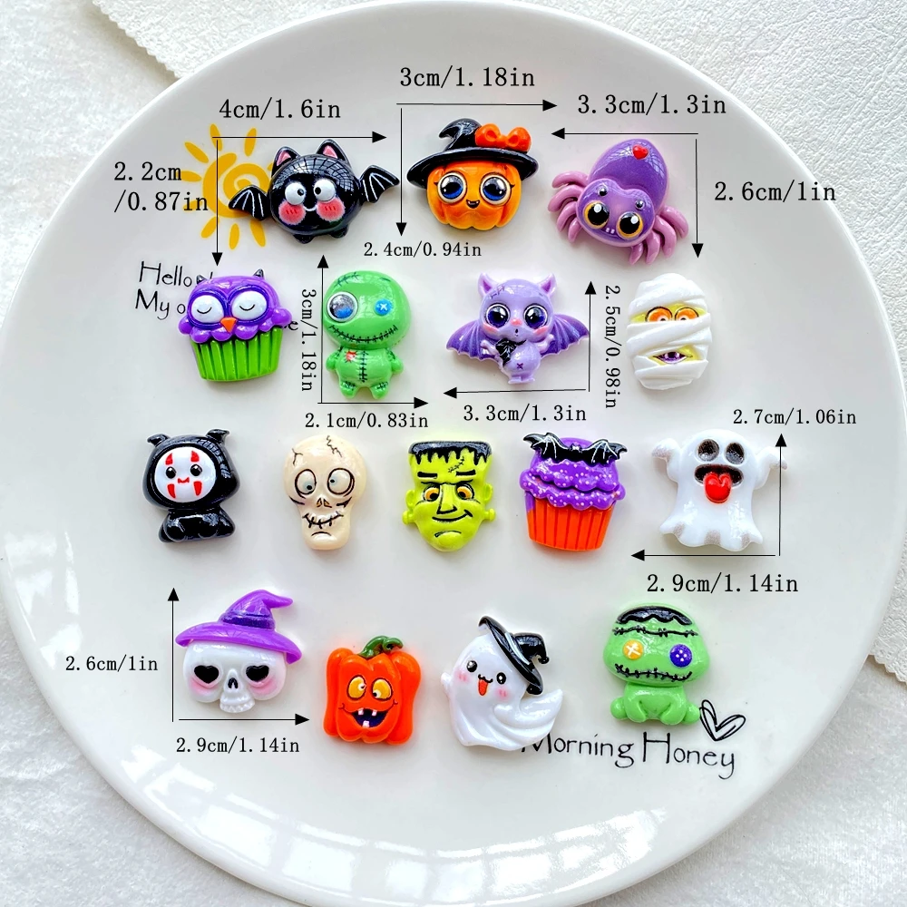 10Pcs Resin Cartoon Halloween Skull, Bat, Green Ghost, Spider, Ghost, For DIY Bow Halloween Decor Scrapbook Crafts