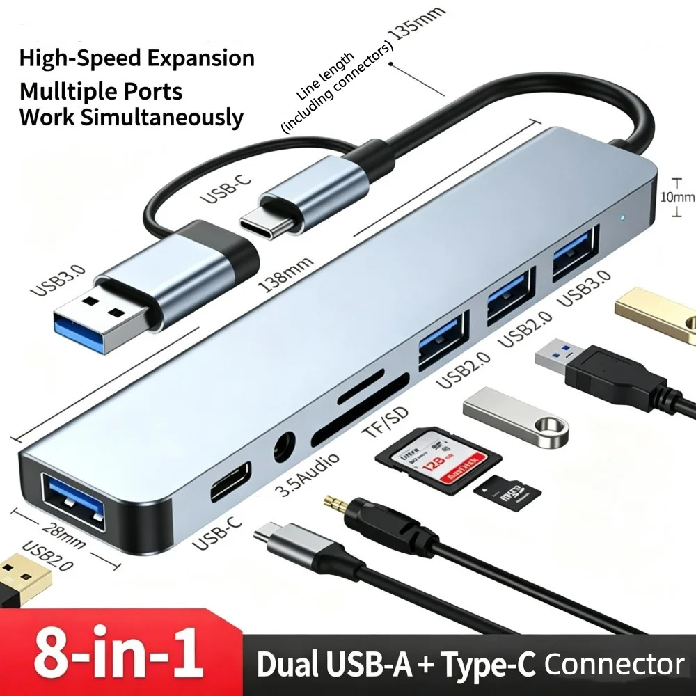 8in2 Dual Head TypeC HUB USB3.0 MultiPort Splitter Docking Station Adapter For Laptop Tablet Phone Desktop PC