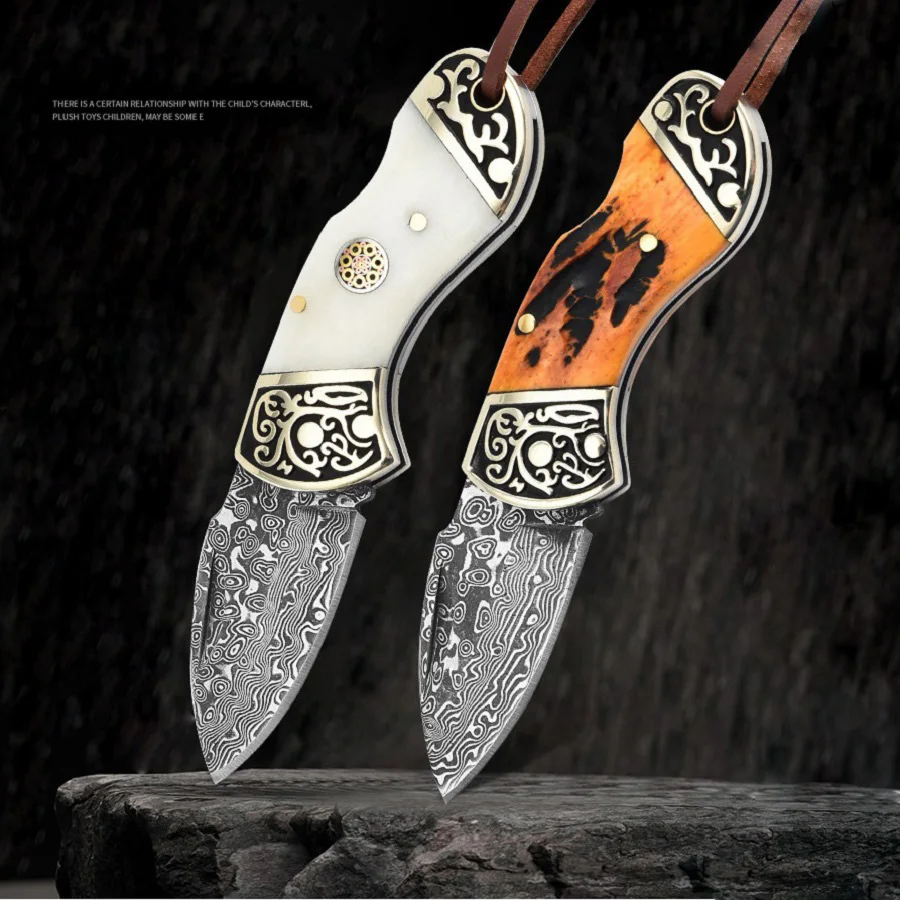 1pc，Outdoor multi-function folding knife, forged Damascus steel, portable key chain knife, high hardness folding knife,