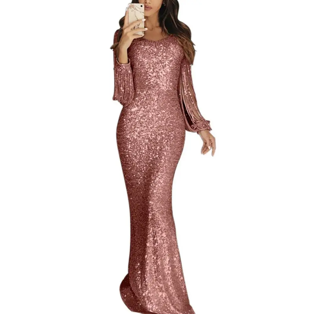 

Women Party Dress Sequined Tassel Long Sleeve V Neck Bodycon Maxi Dress Women's Clothing