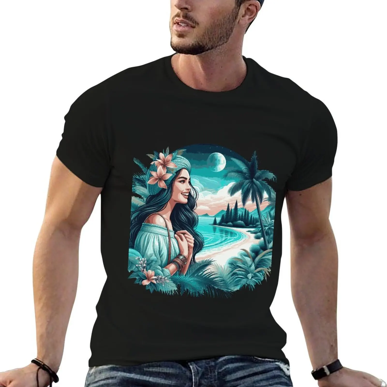 Tropical Serenity: Moonlit Tropical Beach Paradise - Exotic Nature and Beauty Collection T-Shirt cotton t shirt man T-Shirt