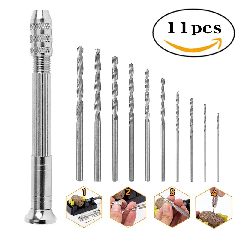 1/11Pcs Mini Hand Drill With 0.8mm-3.0mm Drill Bits Set Rotary Tools For Models Hobby DIY Wood Craft Handmade Tools