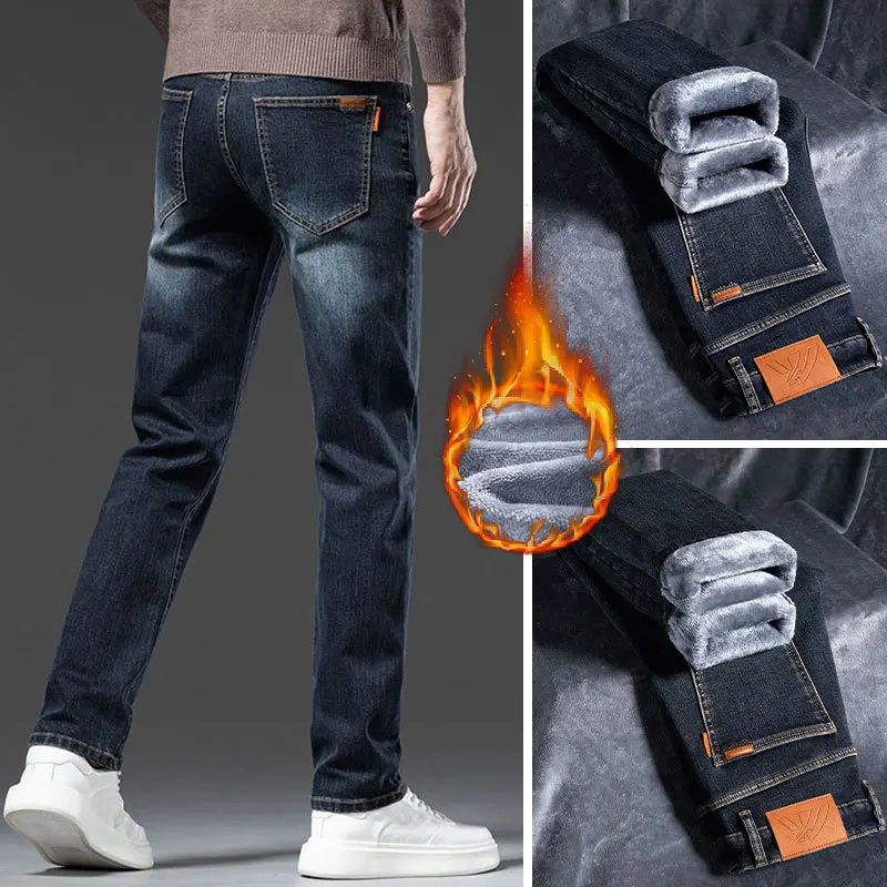 2024 New Winter Fleece-lined Thick Jeans High-End Island Velvet Slim Straight Warm Anti-Freezing Cold-Resistant Trousers