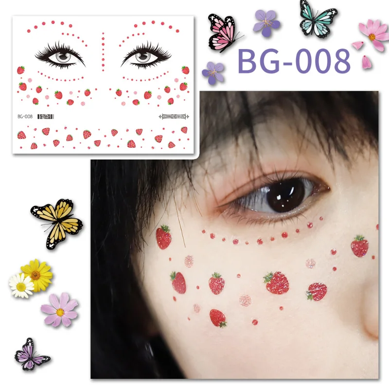 Women\'s Temporary Tattoo Sticker Strawberry Flower Butterfly Waterproof Face Sticker Forehead Eye Music Festival Face Stickers