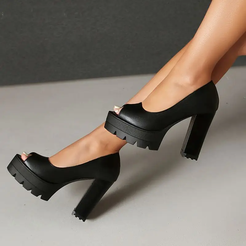 REAVE CAT Black Sexy Female Sandals Peep Toe 11cm Block Heel 3.5cm Platform Slip On Dating Party Shoes Extended Size 43 44 45 46 - view 4