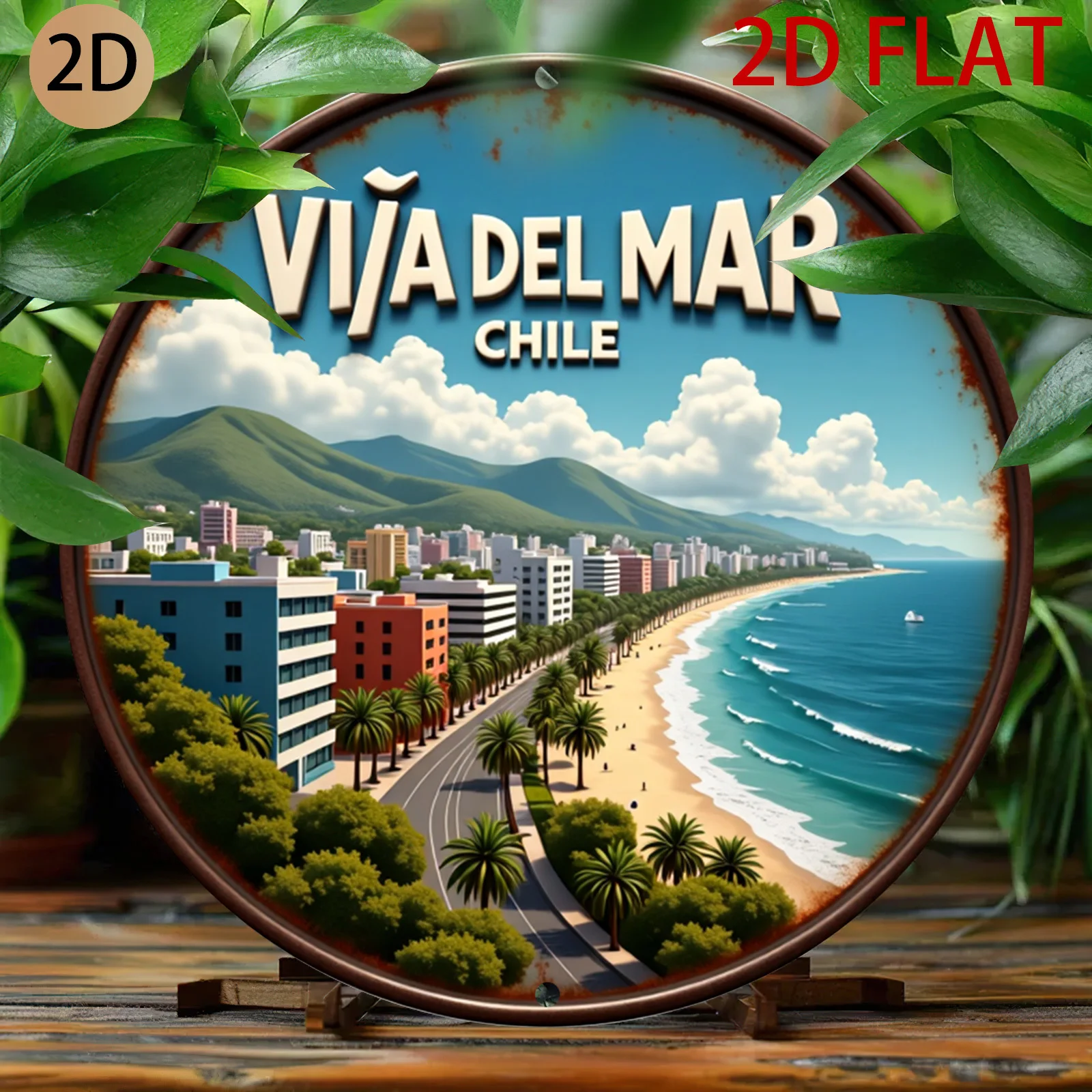 2D Flat, 2D Flat Circular Beach Cityscape Logo Retro Metal Design Viña Del Mar Chile Wall Art Vacation-Themed Decoration Suitabl