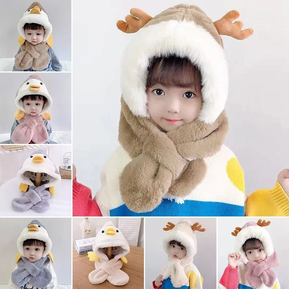 

Fashion Cartoon Baby Hat With Scarf Xmas Antlers/Yellow Duck Plush Warm Ear Protect Cap Earflap Hood 1-5 Years