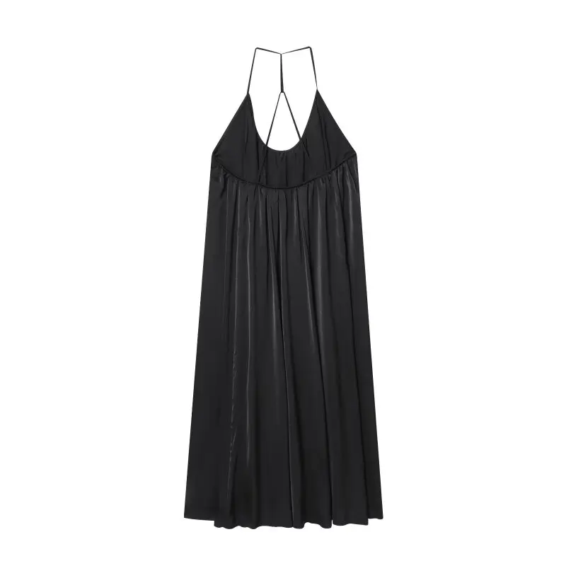 Robe longue en Satin de soie française, col licou, mode, élégante, plissée, décorative, gilet, été, sans manches, pour femmes