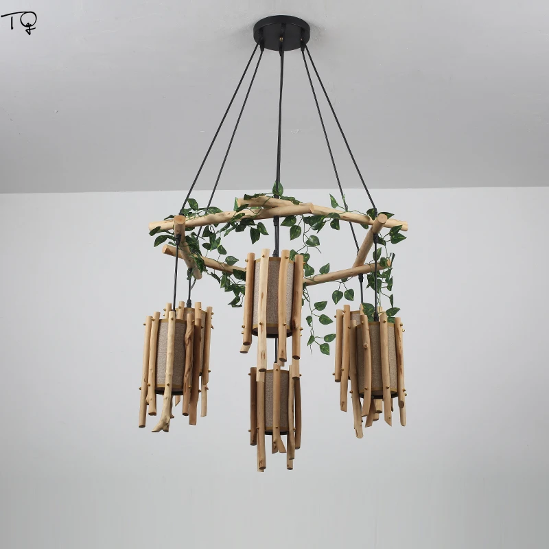 Chinese Retro Wabi-sabi Solid Wood Chandelier Lighting LED E27 Zen Art Decorative Hanging Lamp Hotel Living/Dining Room Bedroom
