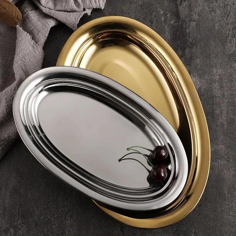 Plato ovalado de acero inoxidable con forma de huevo para pescado al vapor, plato coreano dorado para barbacoa y fideos de arroz