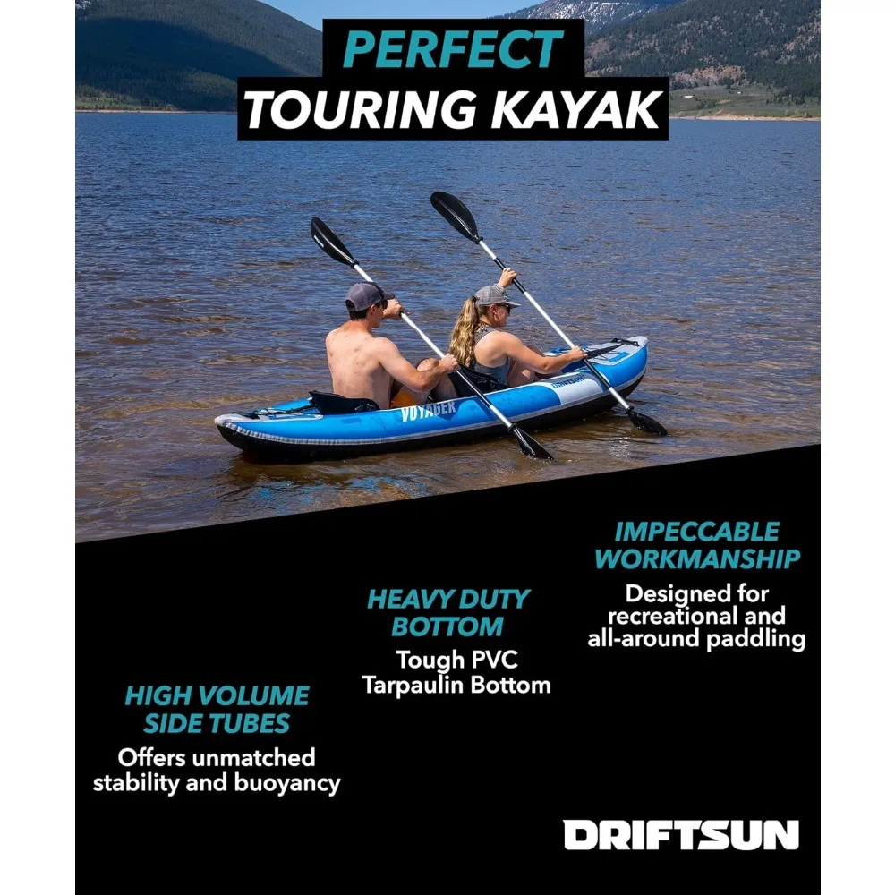 Voyager Kayak inflable tándem para 2 personas, Kayaks plegables para adultos, incluye 2 paletas de aluminio, 2 asientos acolchados