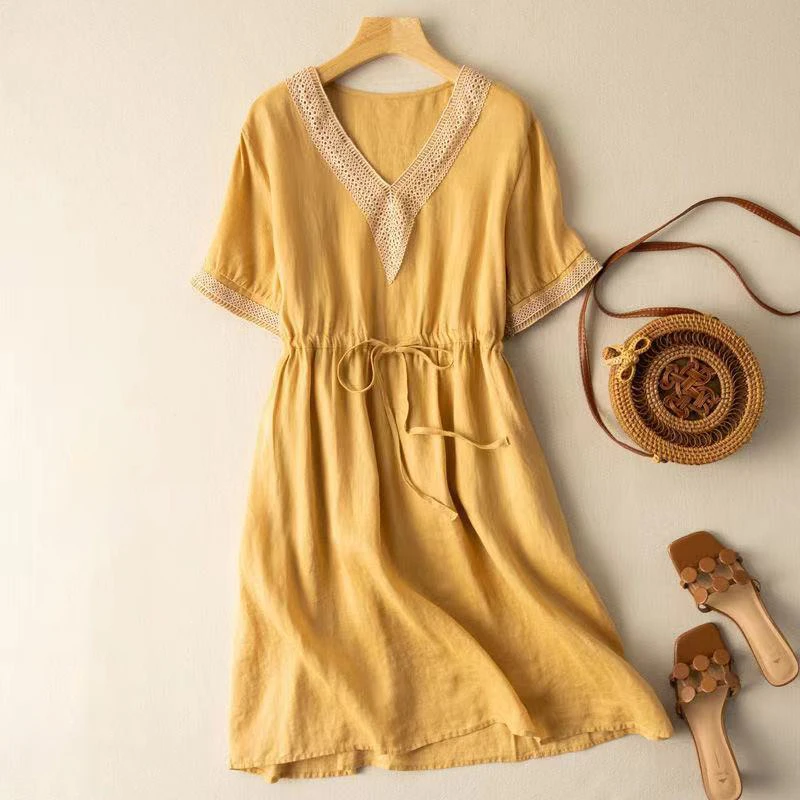 Fashion V-Neck Spliced Embroidery Shirring Bandage Midi Dress Women's Clothing 2025 Summer New Loose Korean Short Sleeve Dress